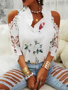 2023 Green Floral Off-Shoulder Lace Sleeves T-Shirt for Women — feature 3
