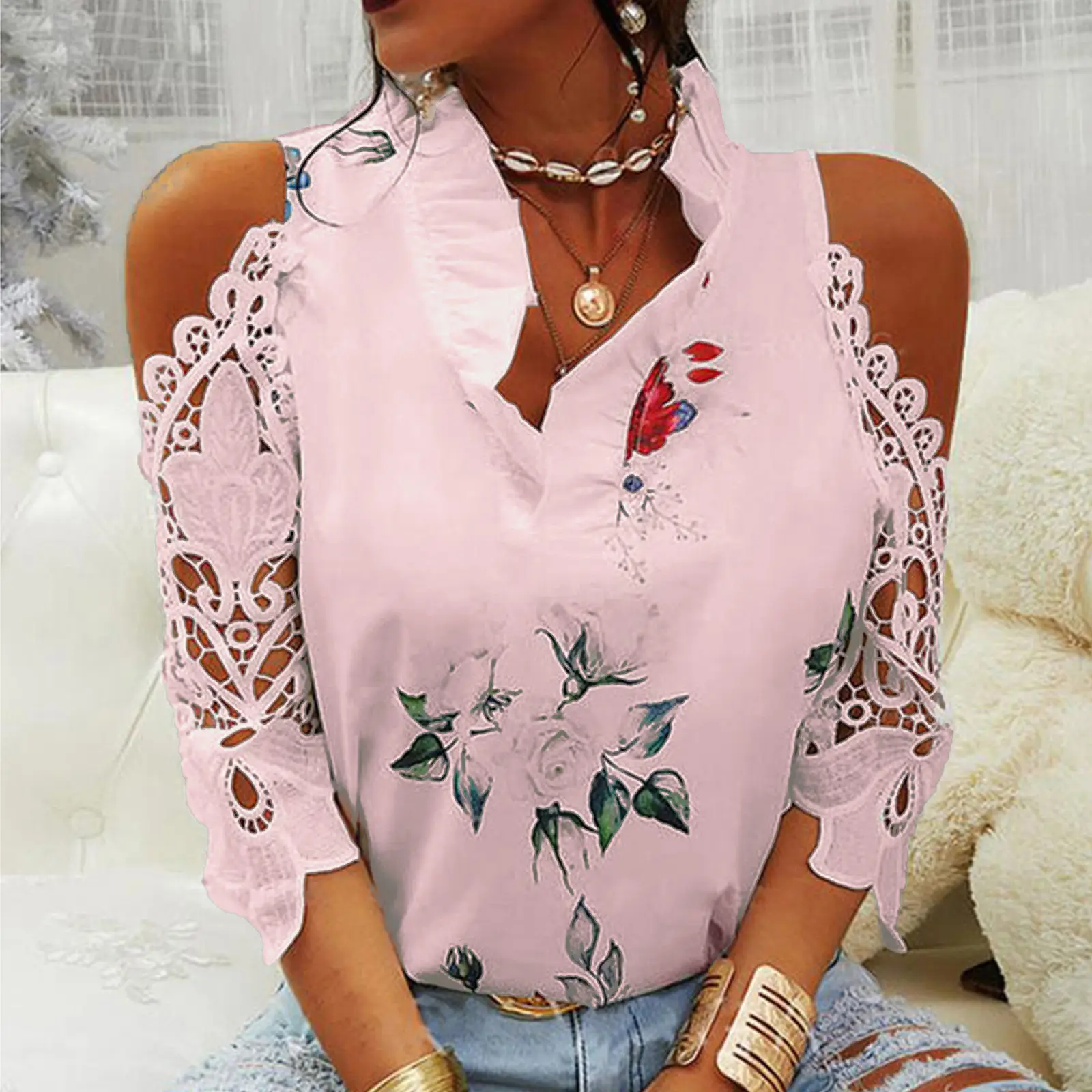 2023 Green Floral Off-Shoulder Lace Sleeves T-Shirt for Women