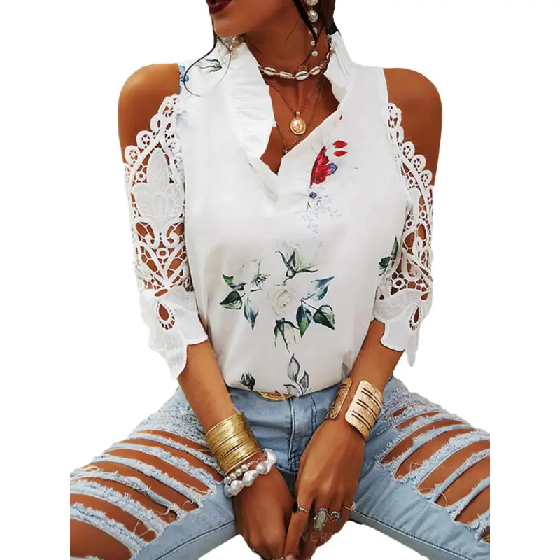 2023 Green Floral Off-Shoulder Lace Sleeves T-Shirt for Women