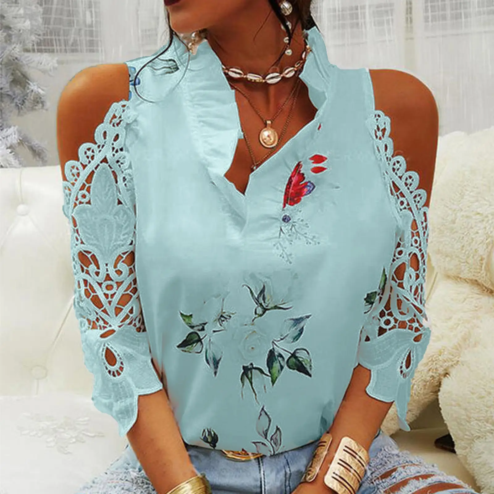 2023 Green Floral Off-Shoulder Lace Sleeves T-Shirt for Women