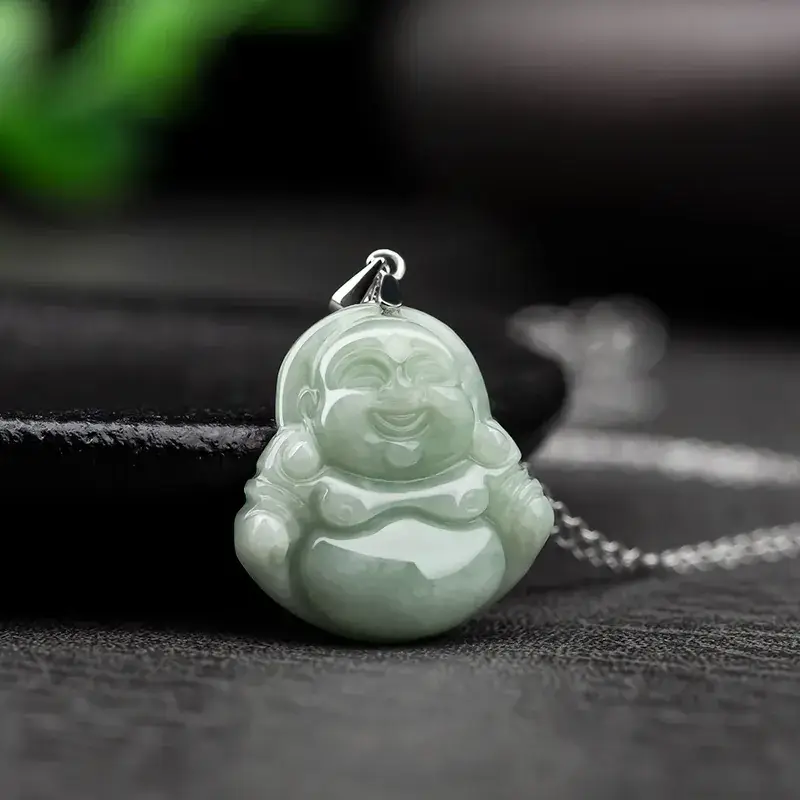 Natural Burma Jade Buddha Pendant Light Green S925 Silver - Image 2