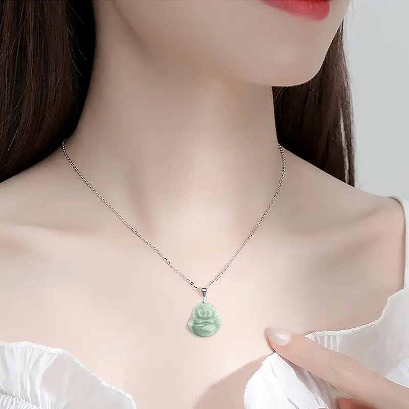 Natural Burma Jade Buddha Pendant Light Green S925 Silver - Image 4
