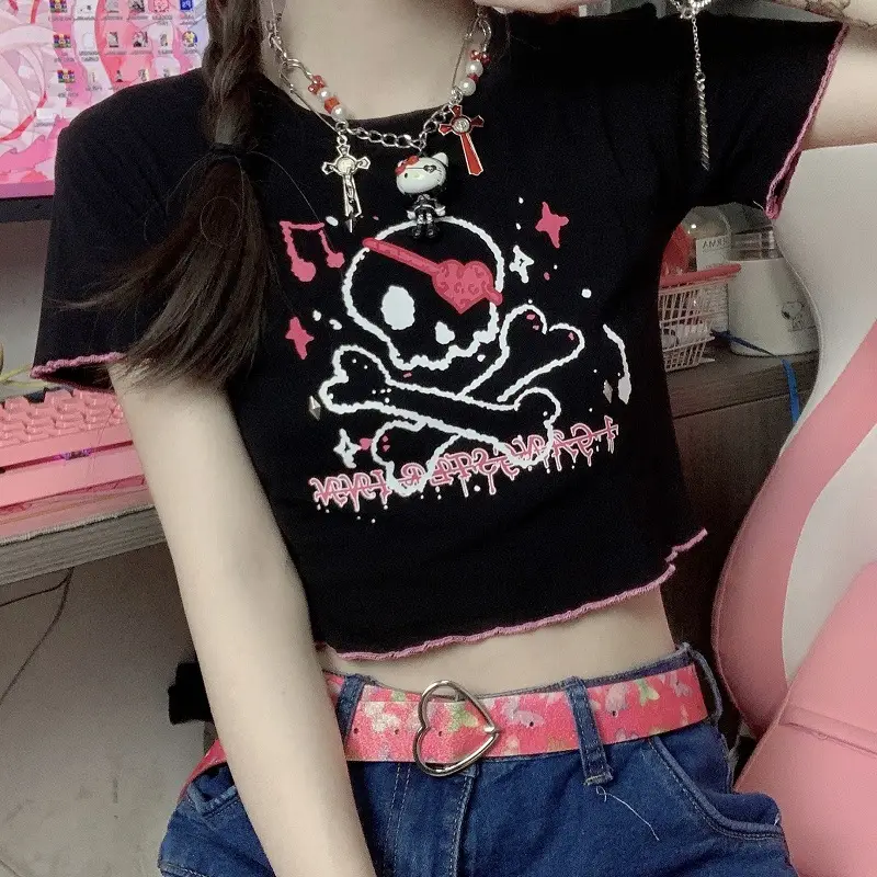 Women 2025 Dark Cartoon Crop Top Short Sleeve — feature 5