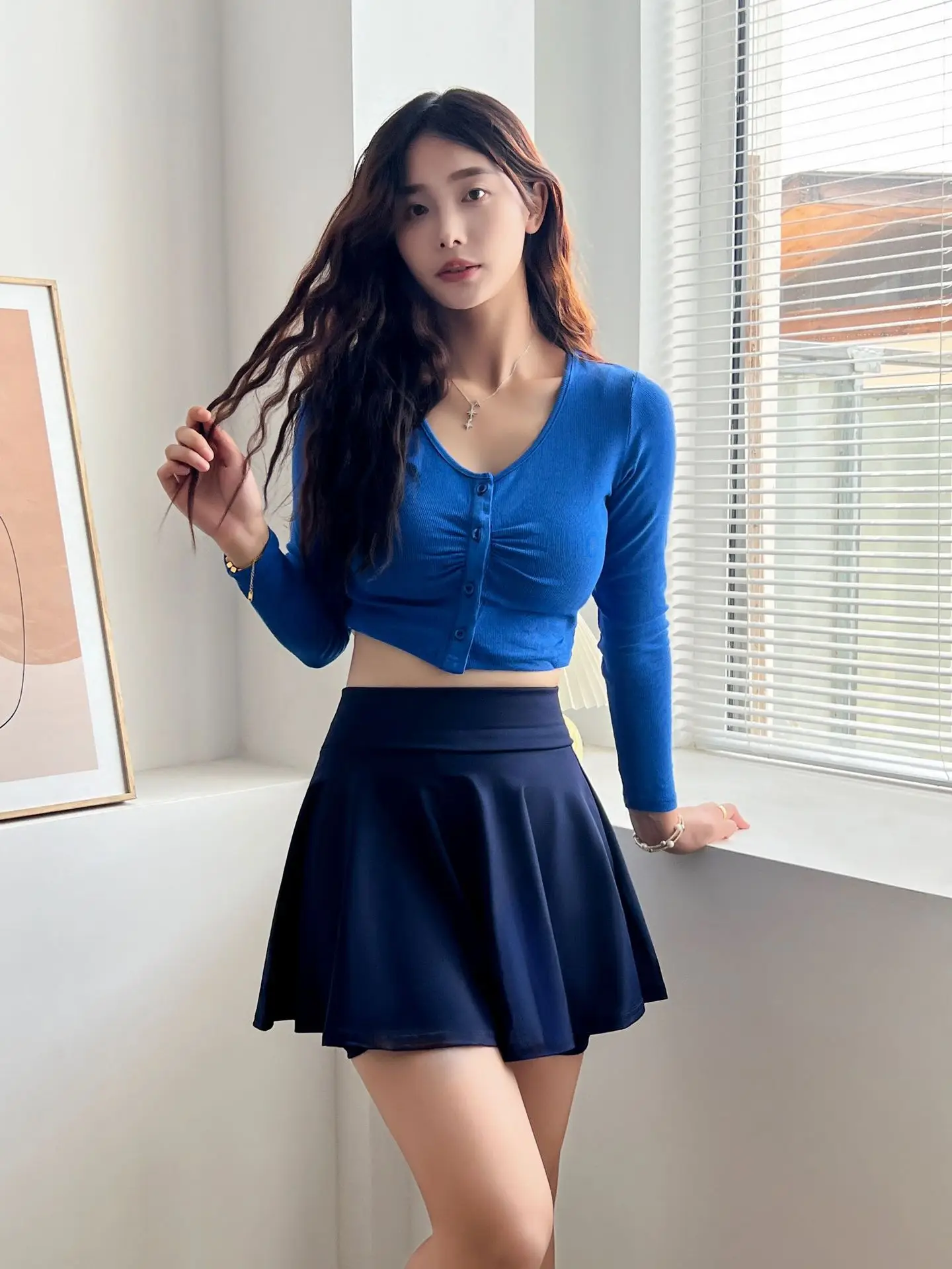 Women Blue High Waist Skirt Set Large Size - Image 3