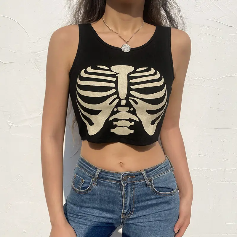 Gothic Print Vest Skull Print Black Top - Image 5