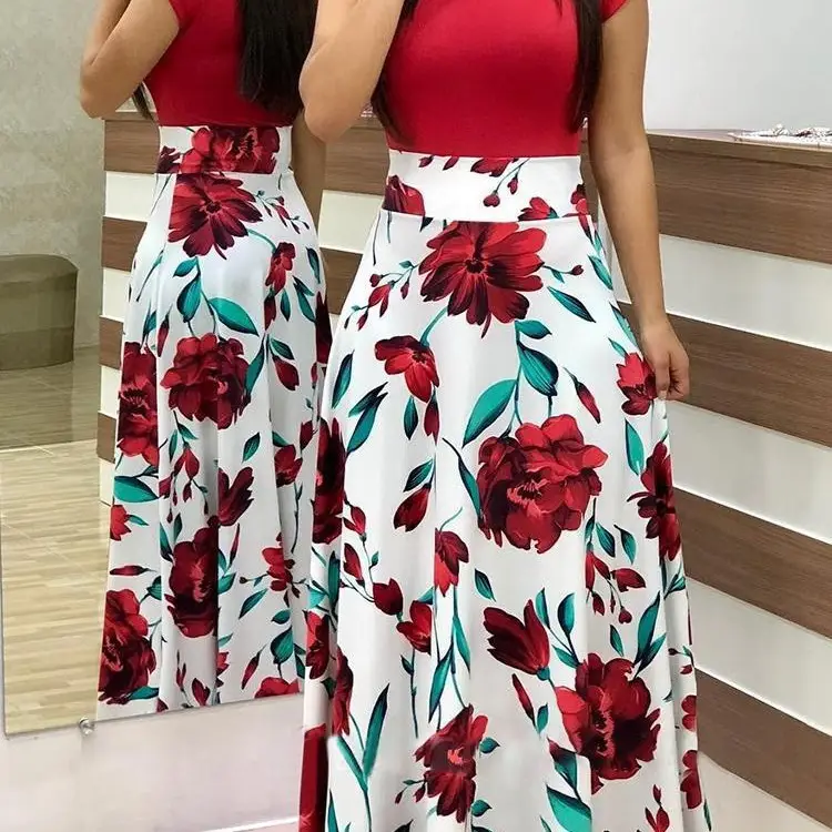 Women's Pink Floral Print Midi Dress with High Waist - Image 9