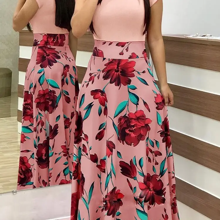 Women's Pink Floral Print Midi Dress with High Waist - Image 10