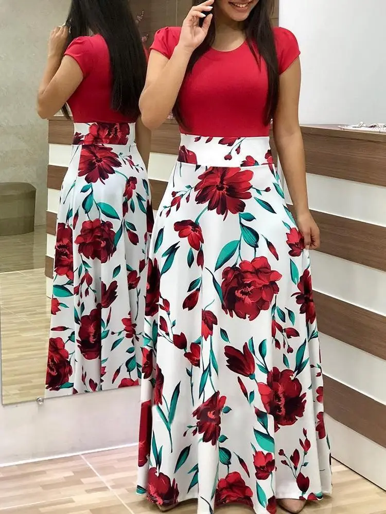 Women's Pink Floral Print Midi Dress with High Waist — feature 1