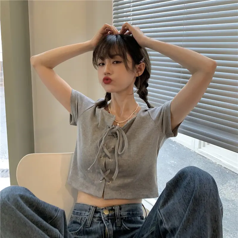 2023 Summer Women's Lace-up T-shirt Navel Exposed Slim Fit - Image 4