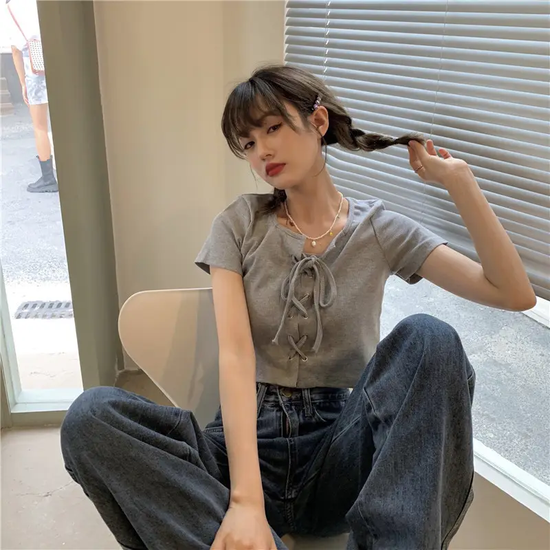 2023 Summer Women's Lace-up T-shirt Navel Exposed Slim Fit - Image 2