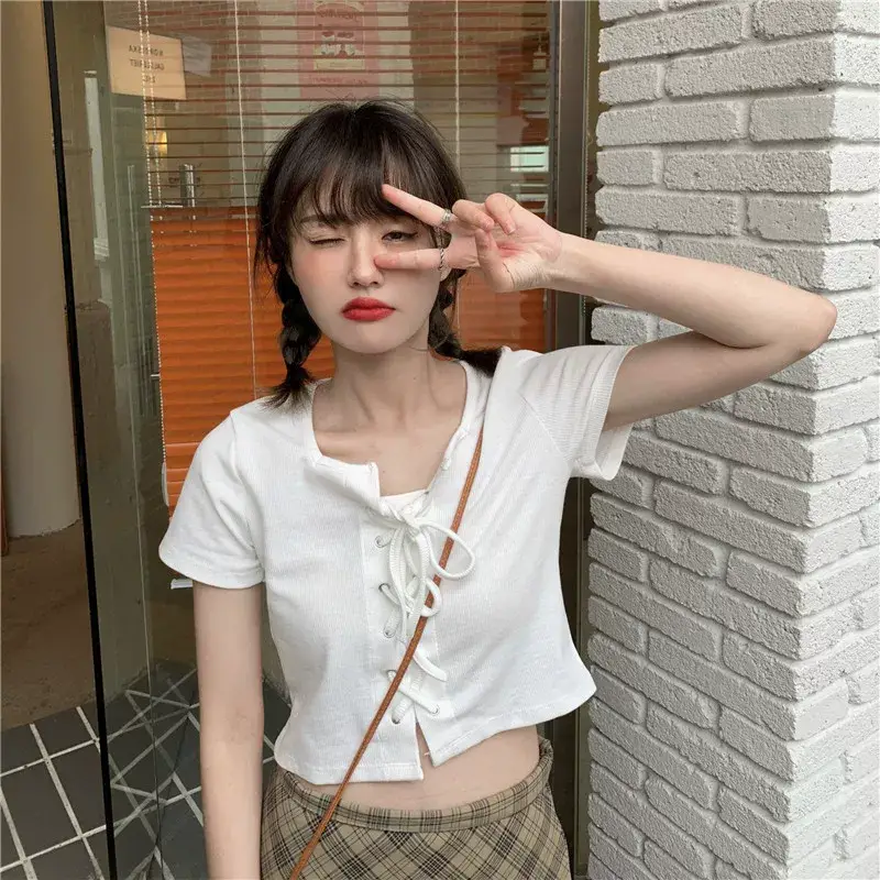 2023 Summer Women's Lace-up T-shirt Navel Exposed Slim Fit — feature 9