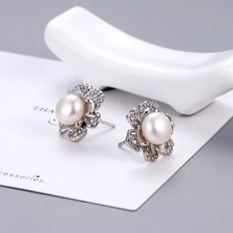 Special-Shaped Pearl Earrings with Diamond Flower Design for Women