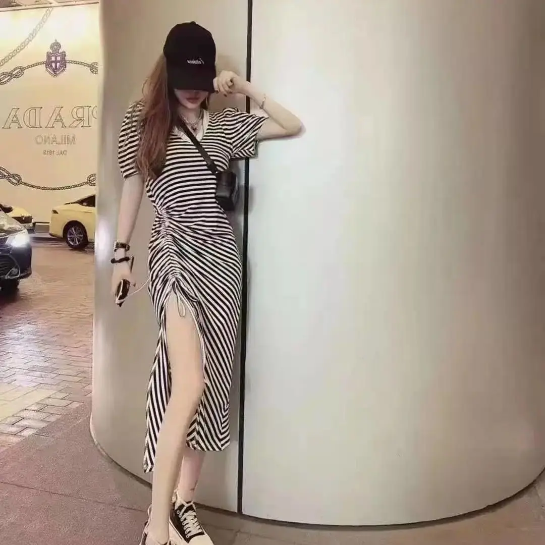Women Long Skirt Striped Dress 2021 Summer Split - Image 2