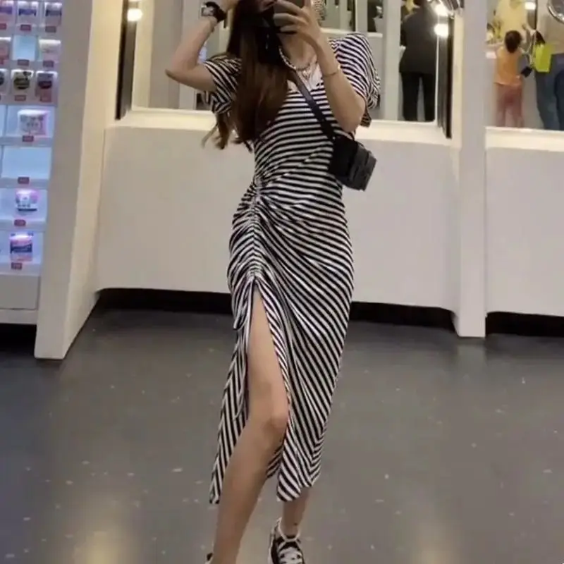 Women Long Skirt Striped Dress 2021 Summer Split - Image 4