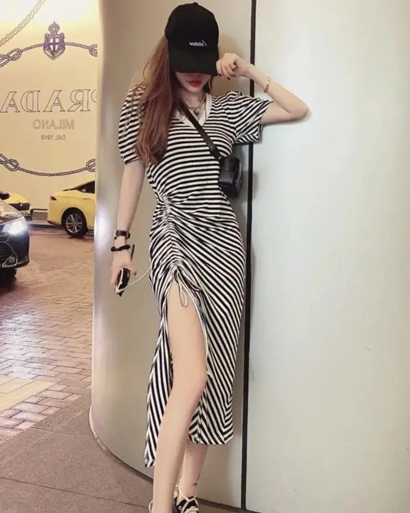 Women Long Skirt Striped Dress 2021 Summer Split — feature 1