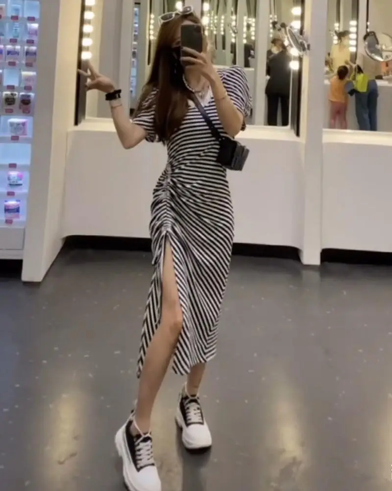 Women Long Skirt Striped Dress 2021 Summer Split — feature 2