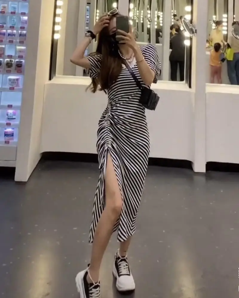 Women Long Skirt Striped Dress 2021 Summer Split — feature 3