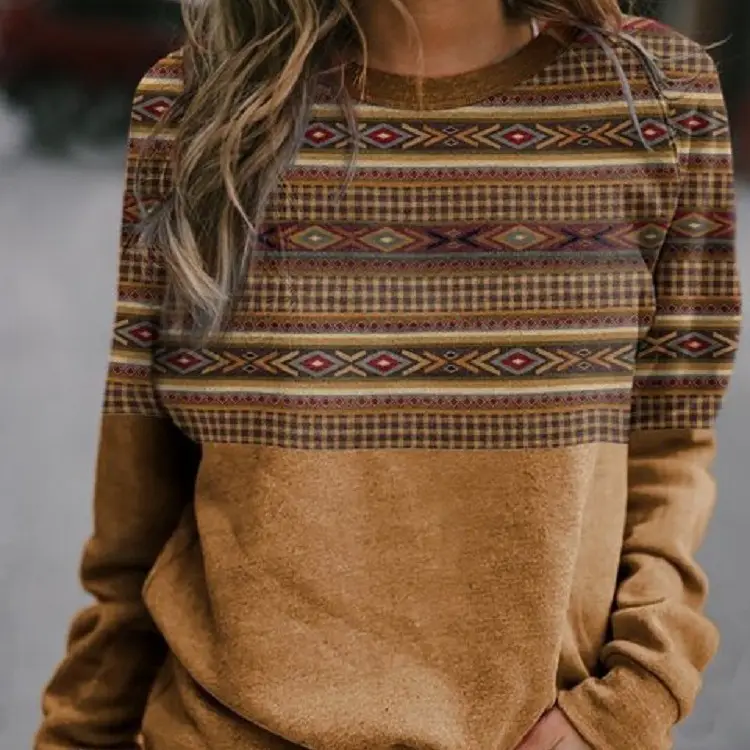 Women Long Sleeve Patterned Sweater Brown Winter Top