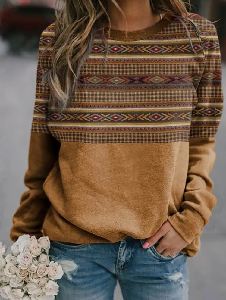 Women Long Sleeve Patterned Sweater Brown Winter Top