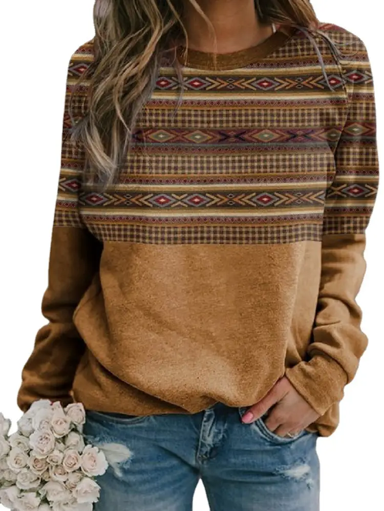Women Long Sleeve Patterned Sweater Brown Winter Top