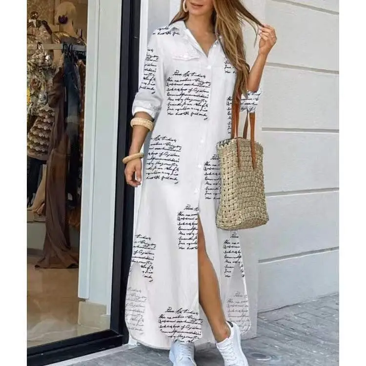 2022 Printed Sexy Black Long Sleeve Shirt Dress