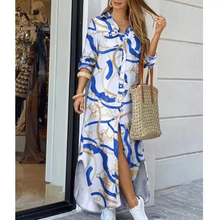 2022 Printed Sexy Black Long Sleeve Shirt Dress