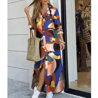 2022 Printed Sexy Black Long Sleeve Shirt Dress