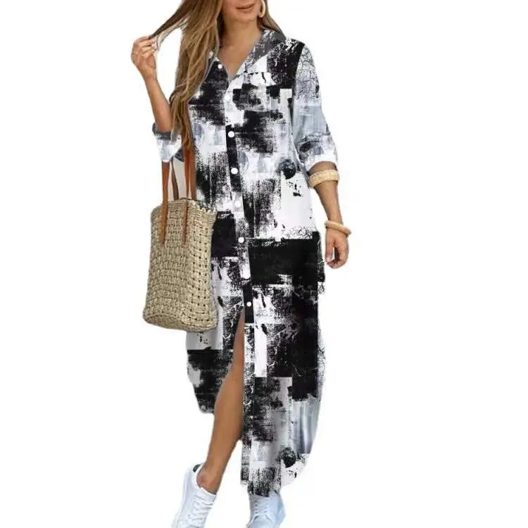 2022 Printed Sexy Black Long Sleeve Shirt Dress