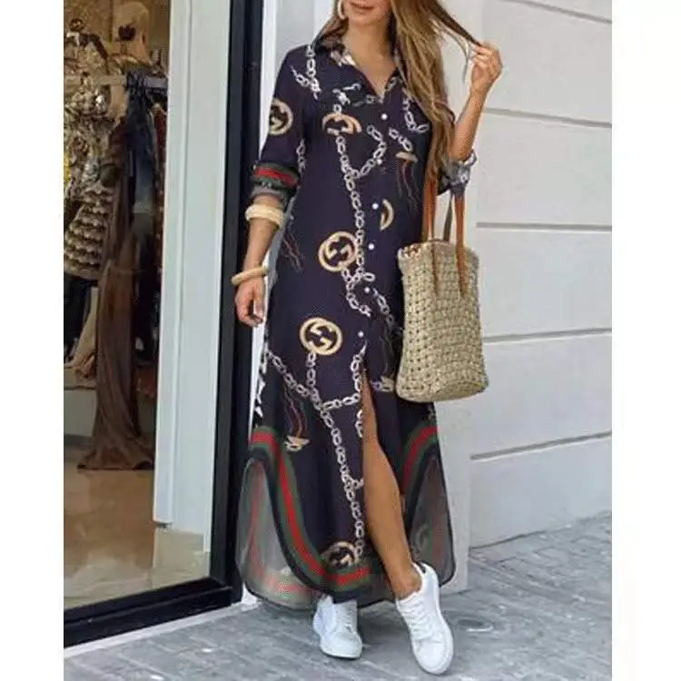 2022 Printed Sexy Black Long Sleeve Shirt Dress