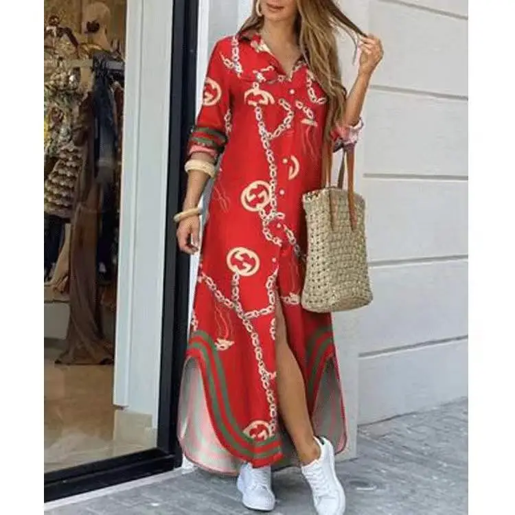 2022 Printed Sexy Black Long Sleeve Shirt Dress