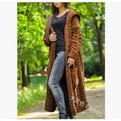 Thick Knitted Hooded Long Cardigan Sweater for Women Grey