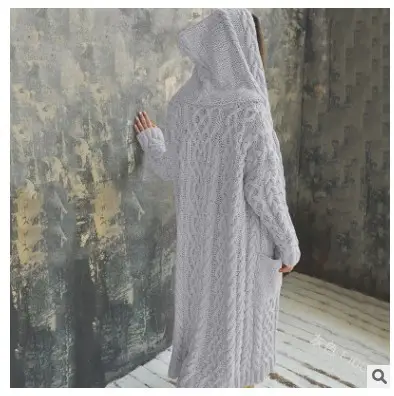 Thick Knitted Hooded Long Cardigan Sweater for Women Grey