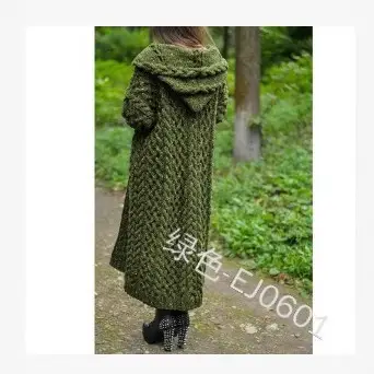 Thick Knitted Hooded Long Cardigan Sweater for Women Grey