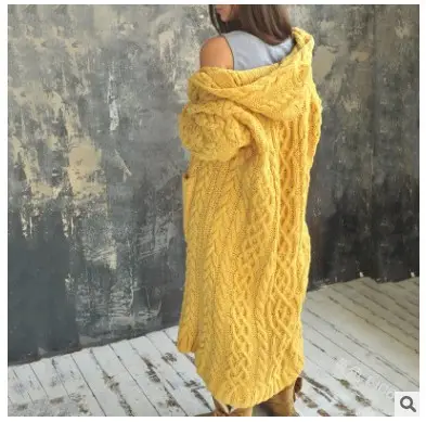 Thick Knitted Hooded Long Cardigan Sweater for Women Grey
