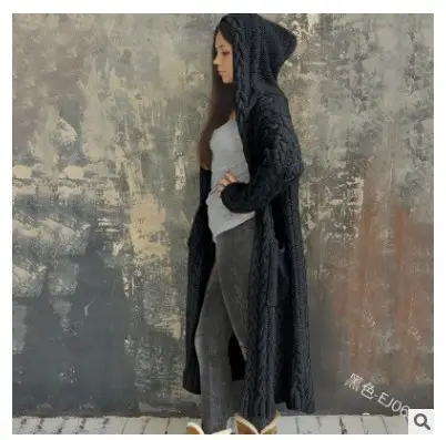 Thick Knitted Hooded Long Cardigan Sweater for Women Grey