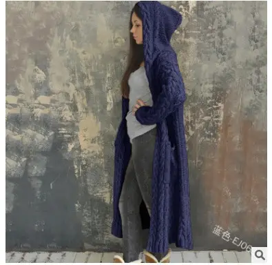 Thick Knitted Hooded Long Cardigan Sweater for Women Grey