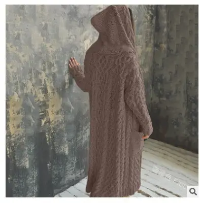 Thick Knitted Hooded Long Cardigan Sweater for Women Grey