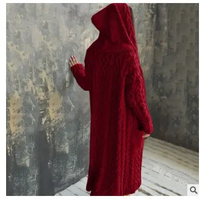 Thick Knitted Hooded Long Cardigan Sweater for Women Grey
