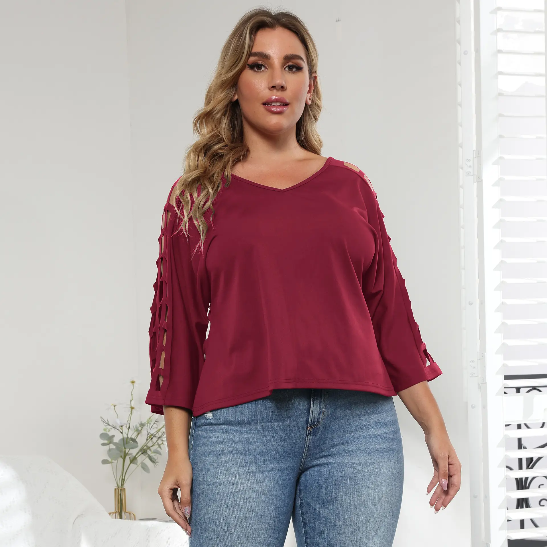 European American Women's Plus Size Crossbody Top with Bat Sleeves - Image 5