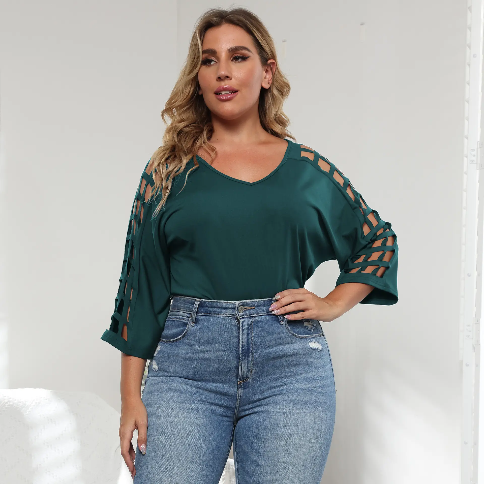 European American Women's Plus Size Crossbody Top with Bat Sleeves - Image 7