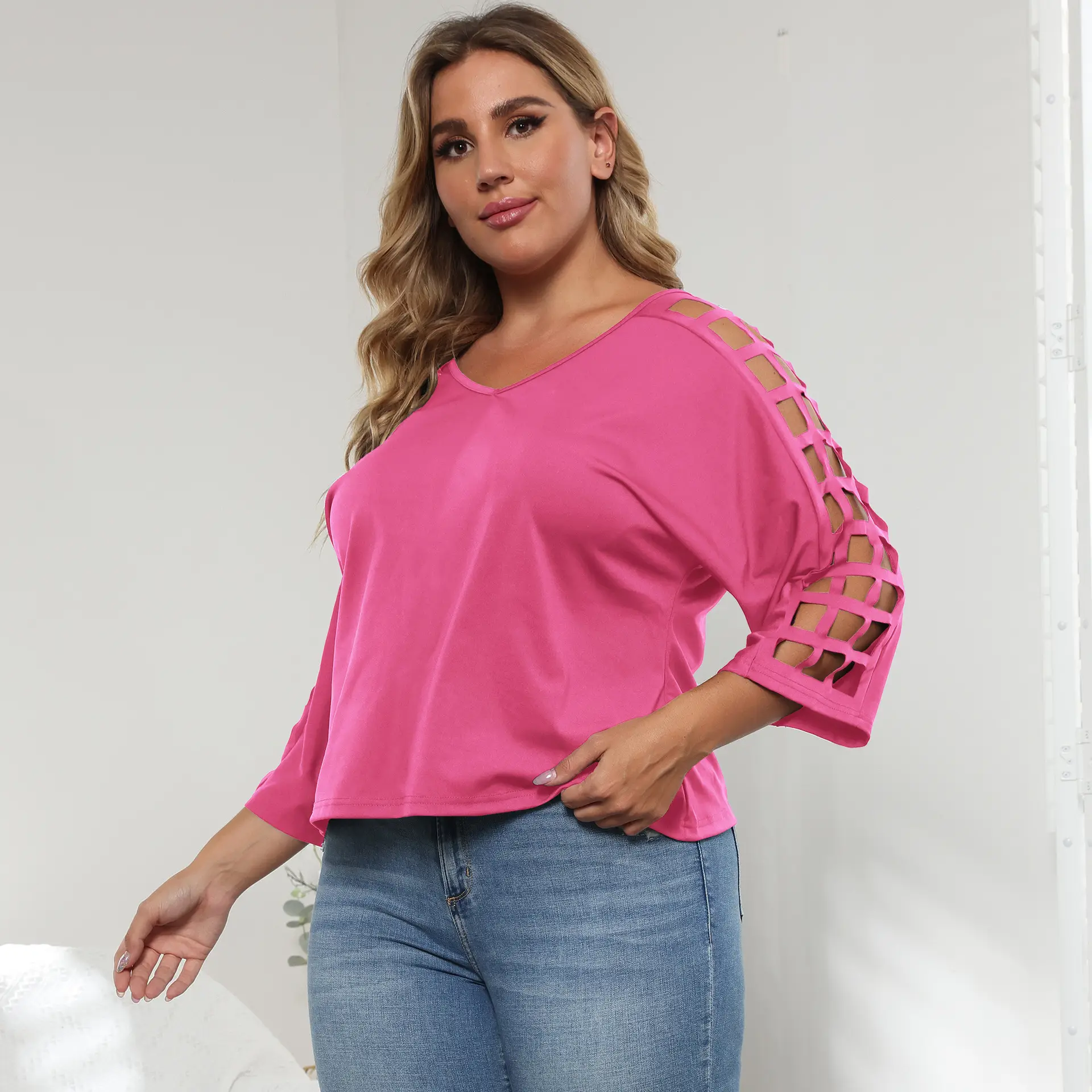 European American Women's Plus Size Crossbody Top with Bat Sleeves - Image 8
