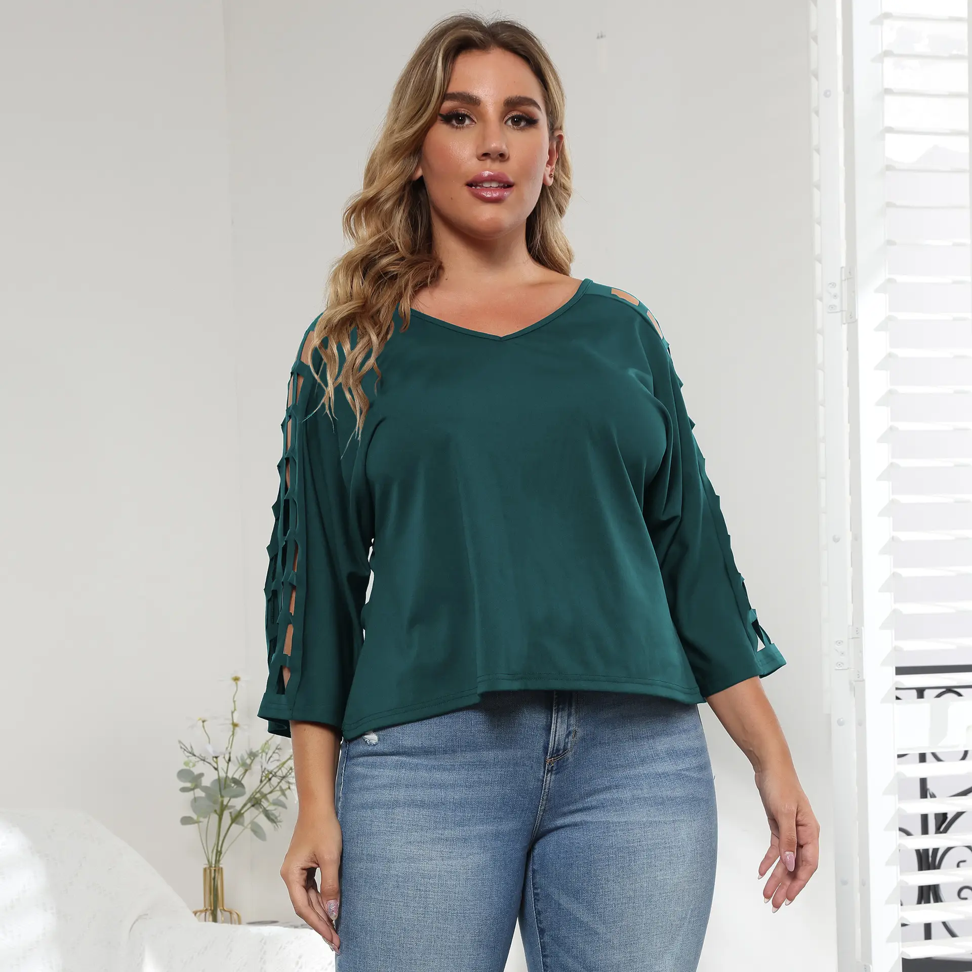 European American Women's Plus Size Crossbody Top with Bat Sleeves - Image 3