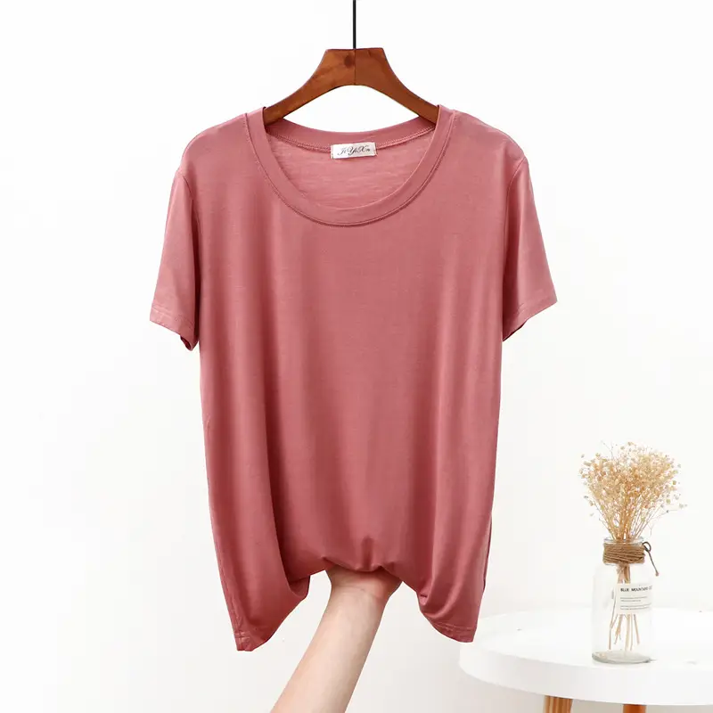 Women's Modal Loose Fit T-Shirt Brown Round Neck