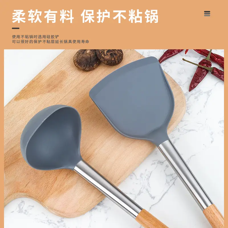 Non-Stick Silicone Cooking Pan Shovel Spoon with Wooden Handle - Image 7