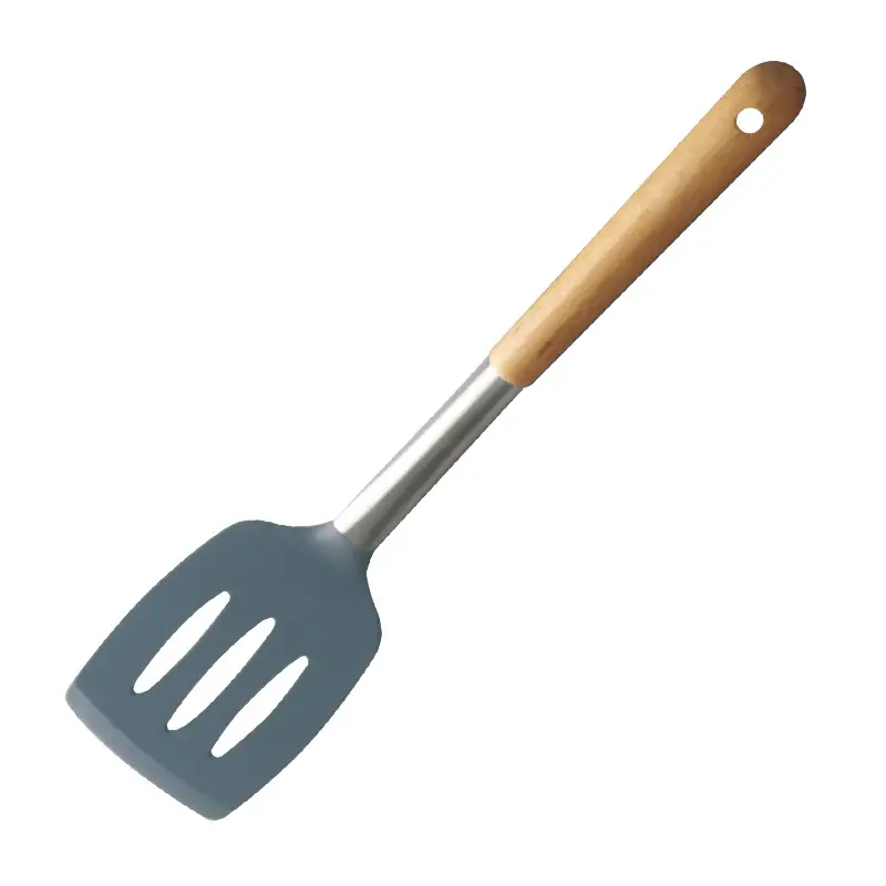 Non-Stick Silicone Cooking Pan Shovel Spoon with Wooden Handle - Image 4