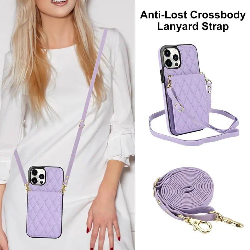 Black Quilted iPhone17 Crossbody Phone Case with Lanyard