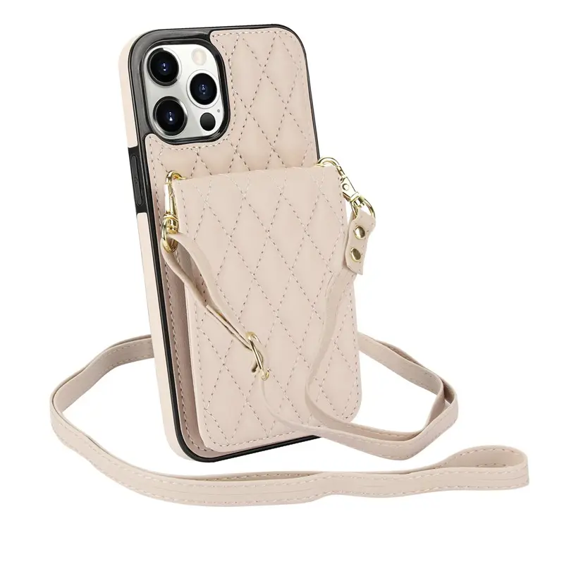 Black Quilted iPhone17 Crossbody Phone Case with Lanyard