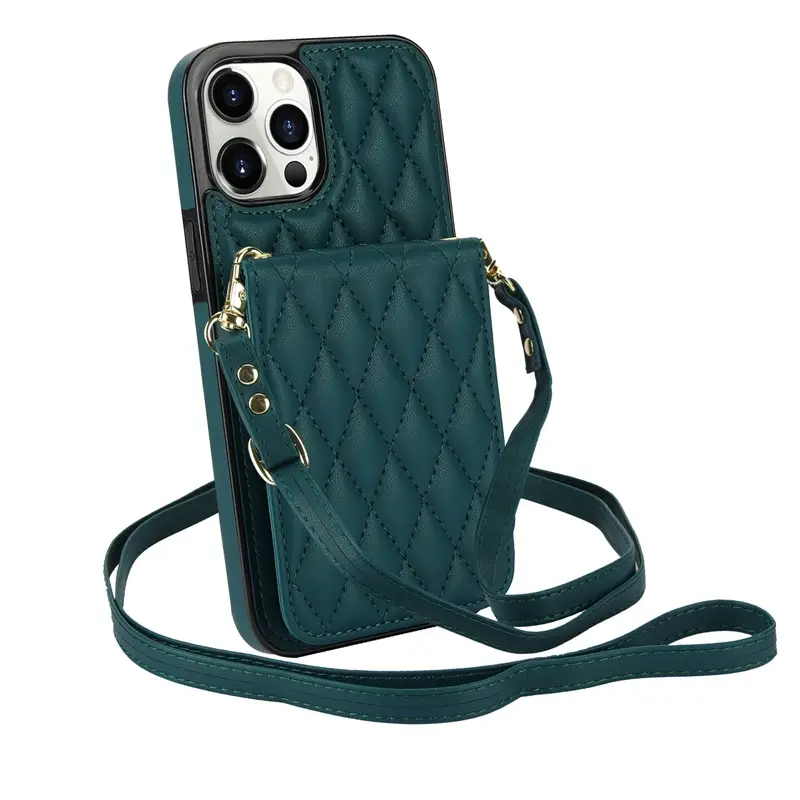 Black Quilted iPhone17 Crossbody Phone Case with Lanyard