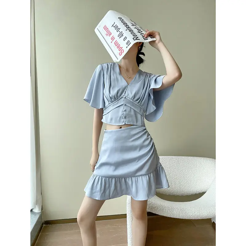 Light Blue Waist Slimming Two-Piece Dress Set - Image 3