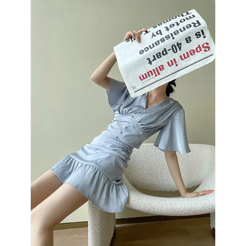 Light Blue Waist Slimming Two-Piece Dress Set - Image 4